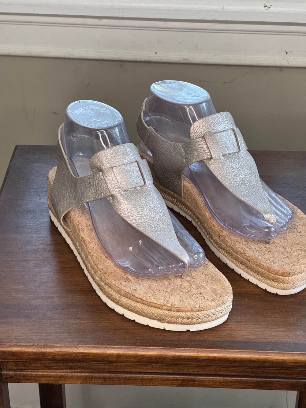 Vince Silver Metallic Cork Espadrille Thong Sandals